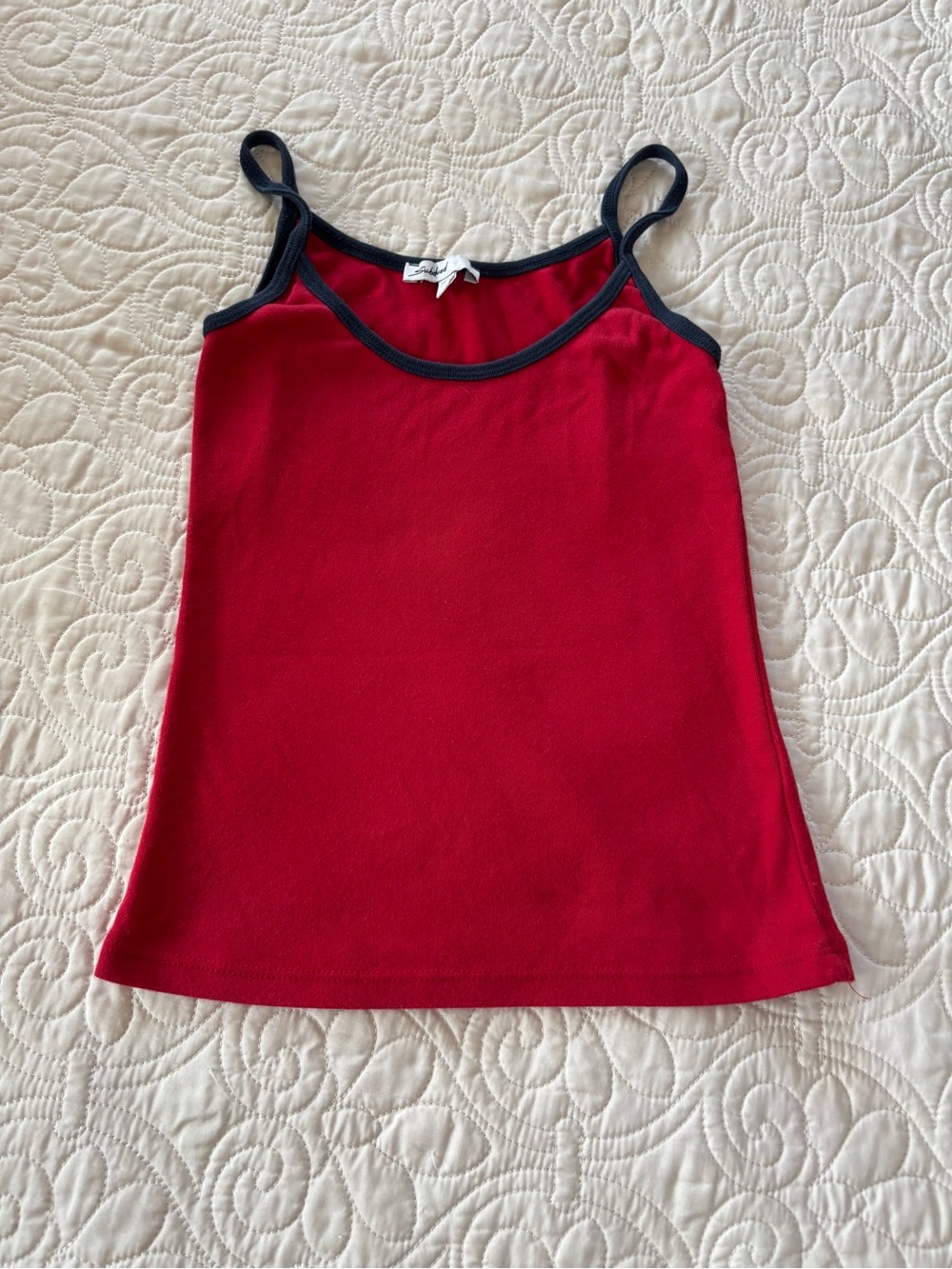 Subdued Red Spaghetti-Strap Tank Top with Navy Trim